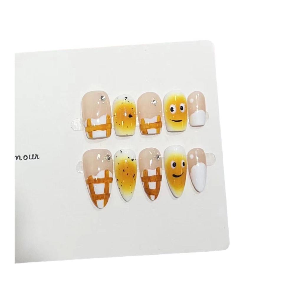 Pure Hand-wearing Nails Ins Cute Egg Treasure French Hand-painted Manicure Finished Product Detachable Fake Nail Patch