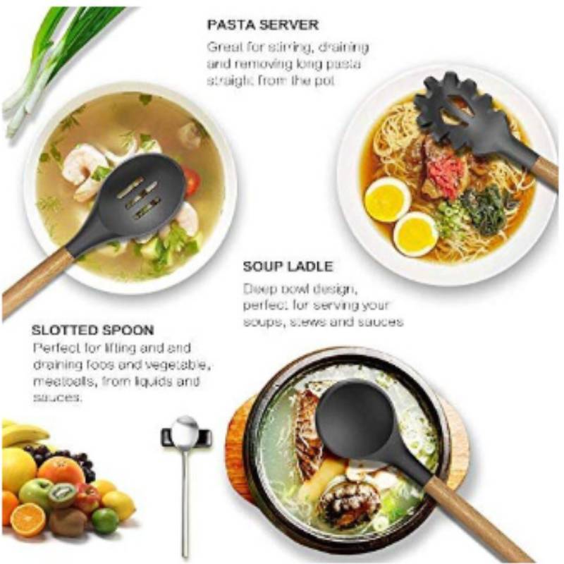 Silicone Kitchen Utensil Set With Wooden Handles For Nonstick Cooking And Heat Resistance