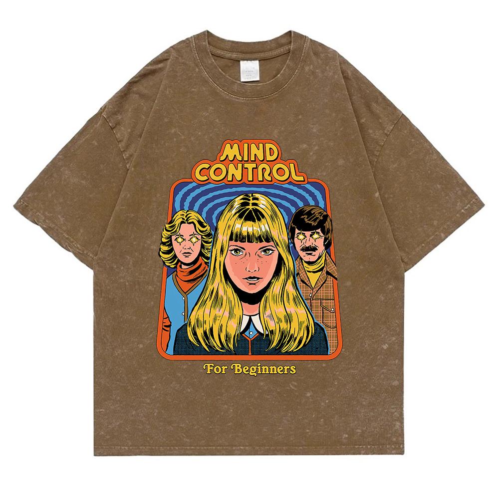 Mind Control For Beginners Washed Retro Men T Shirt Casual Oversize T-Shirt High Quality Cotton T-Shirt Short Sleeve