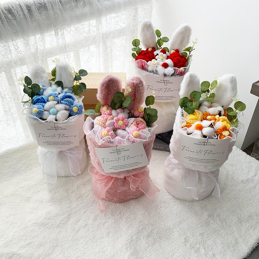 Decoration Woven Artificial Fake Flower Simulated Handwoven Yarn Simulation Rabbit Christmas Thread Knitted Flowers Bouquet