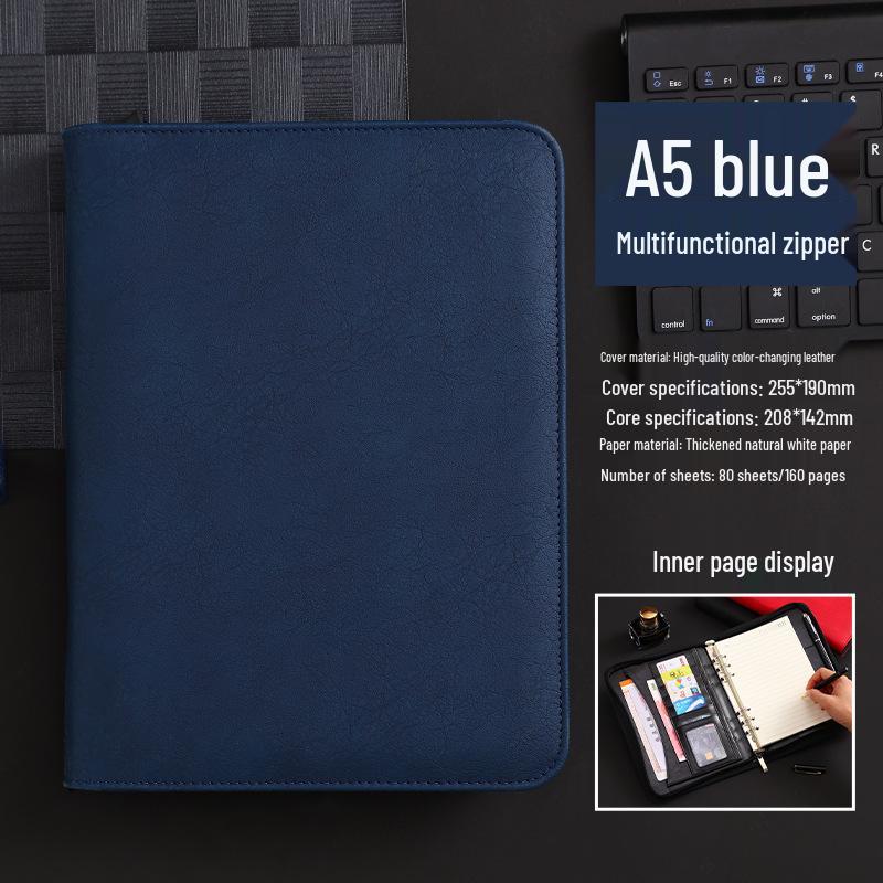 Customizable A5 PU Leather Notebook with Logo, Zipper Storage, and Loose-leaf Pages for Business Meetings