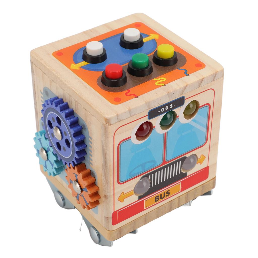 Wooden Activity Cube Board Educational Bus Shape Electronic Switch Simulation Sensory Baby Toy