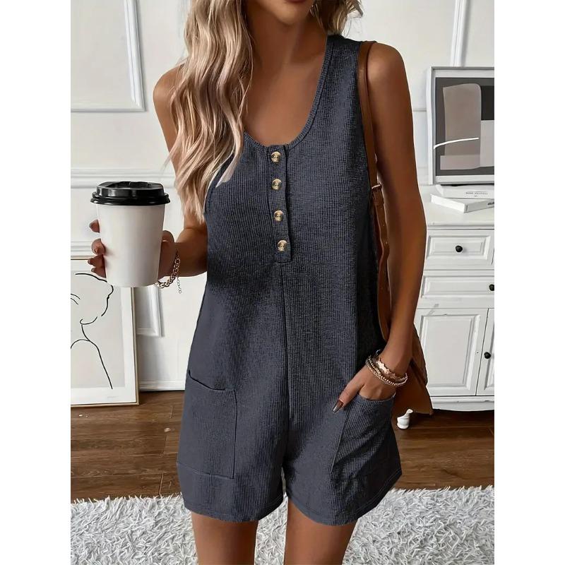 TIFICY Women s Fashion Casual Summer Spring Solid Color Print Sleeveless U-Neck Loose Waistline Trousers Jumpsuits & Rompers S