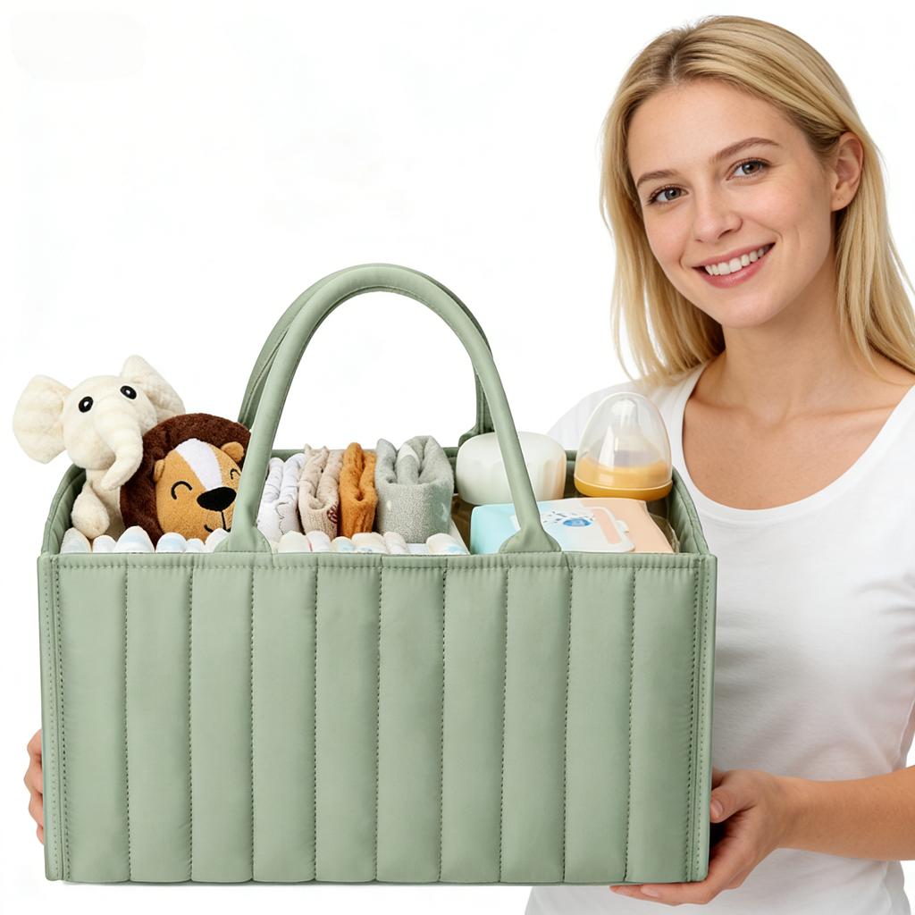 Portable Mom Tote Basket Baby Green Quilted Storage Basket with Handle - Large Capacity Organizer for Baby Toys Diapers Sundries