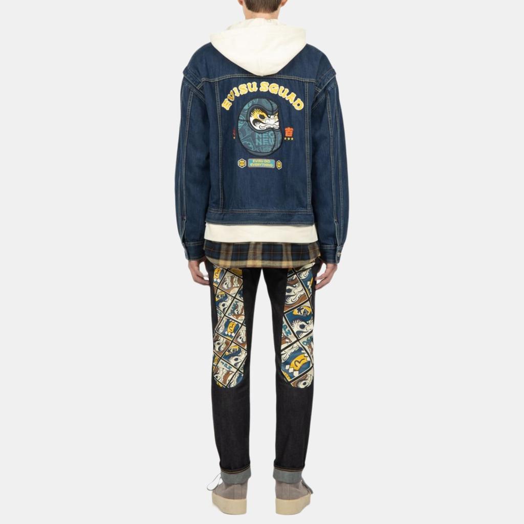 Evisu Daruma Lederetikett Zweiteiliger Look Kapuze Denimjacke Herrenjacken Blau 2EAHTM2DJ723LFCT
