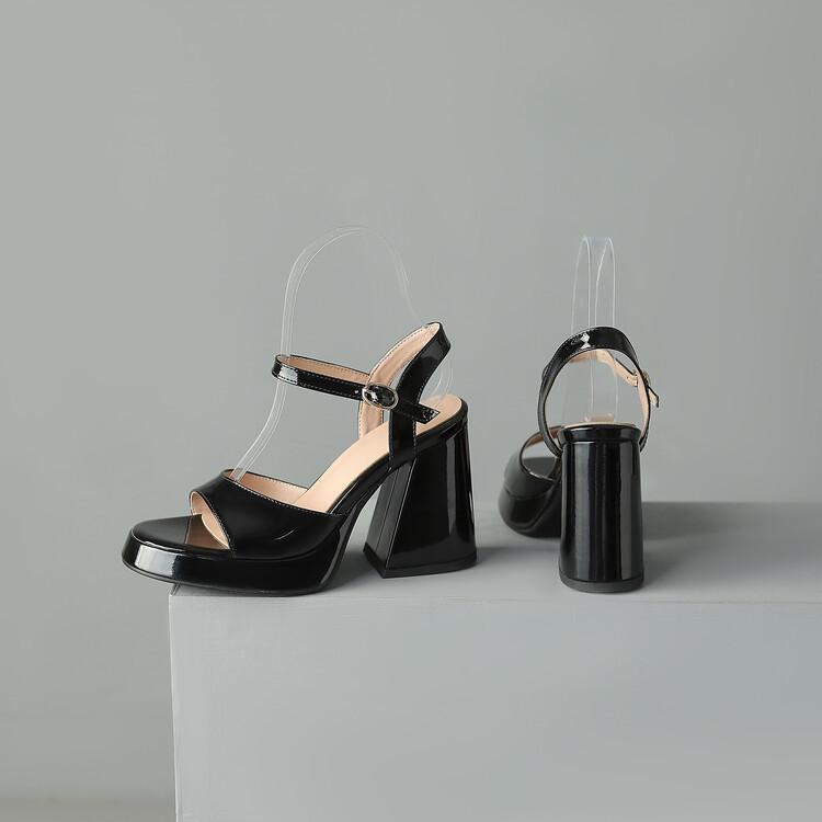 Fashion New patent leather round head fish mouth hollow buckle waterproof platform thick heel high heel sandals for women