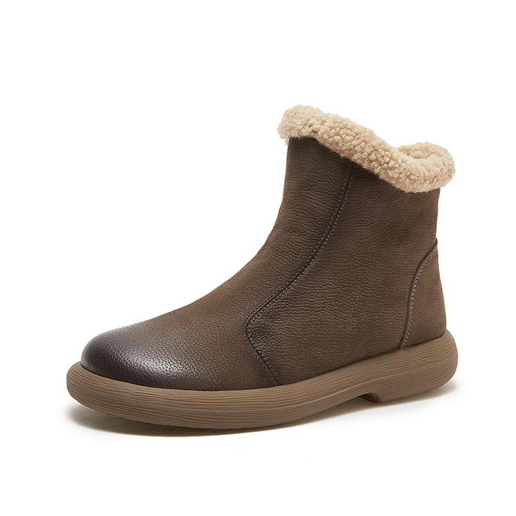 Johnature Genuine Leather Plush Warm Ankle Boots Round Toe Soft Soled Versatile Women's Cotton Boots