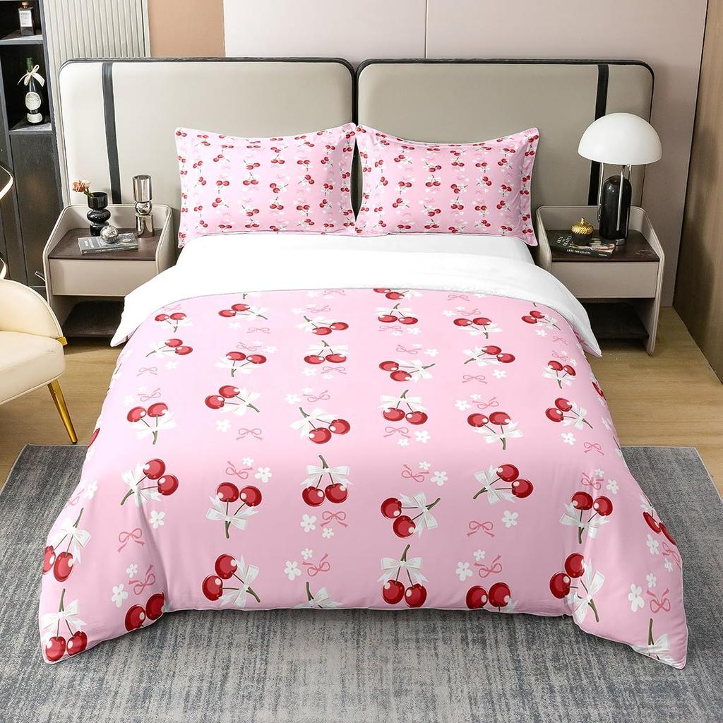 Kids Cherry Duvet Cover Sets Queen King Size Cherry Pattern Bedding Set Cute Fruit Comforter Cover No Comforter Lightweight Down