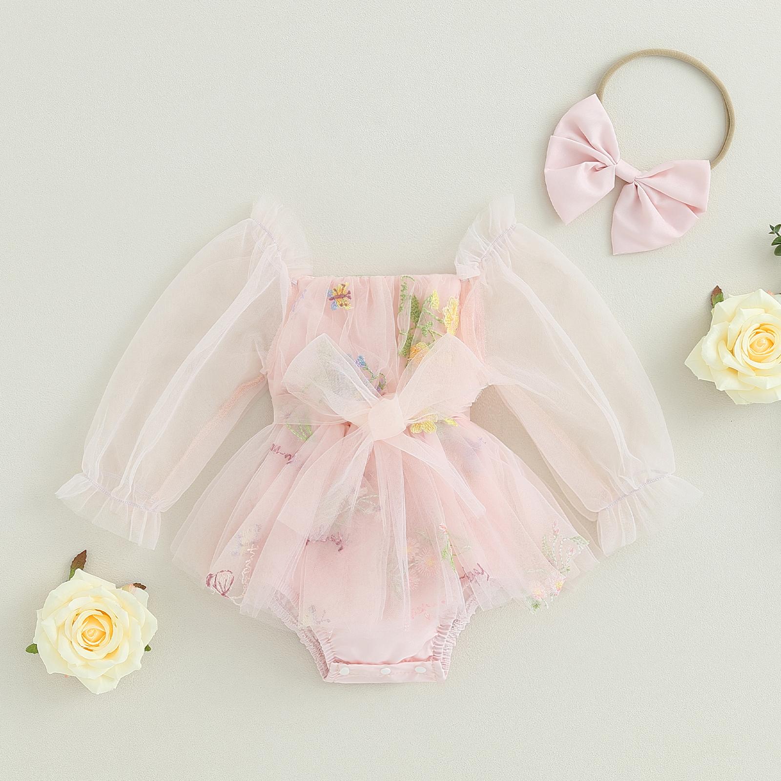 

Діти, немовлята, комбінезон для дівчаток, 2 шт., комбінезони принцеси, квіткові комбінезони з довгими рукавами, сітчасті комбінезони, сукня-трапеція, пов’язка на голову, бавовняні боді для малюків 0-6 M рожевий