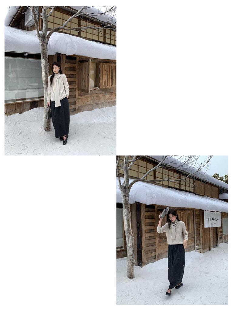 Qiumeng DT Étoile Soft Knit Midi Skirt: Women's High-Waist Slimming Drape (2025 Collection)