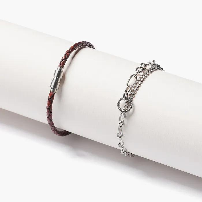 Classic Slim Leather 481BK Two-Circle Chain 1141 Bracelet Set (C2503-SE463_BK)
