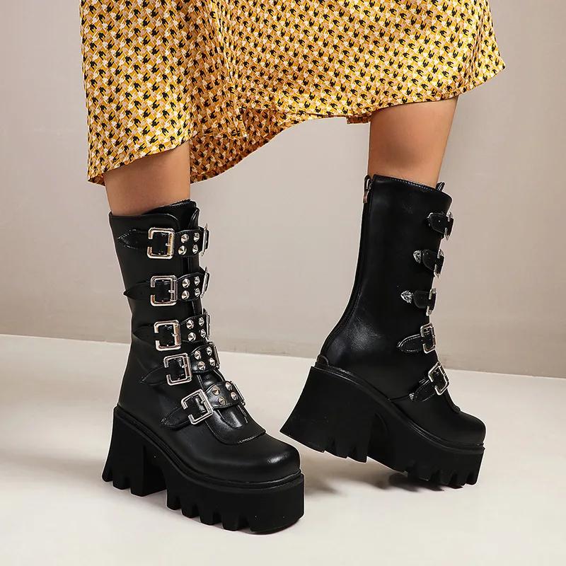 High heeled motorcycle boots autumn and winter new style thick soled short leg fashionable and comfortable mid leg boots