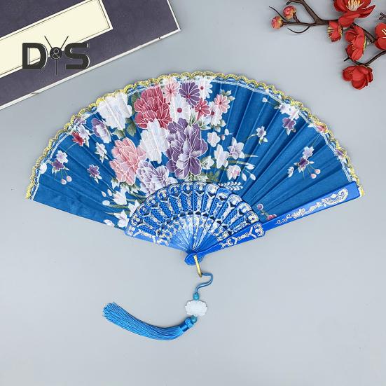 Chinese Style Flower Folding Fan with Tassels Portable Summer Hand Held Cooling Fan Decoration Dance Performance Props Party Costume Accessories