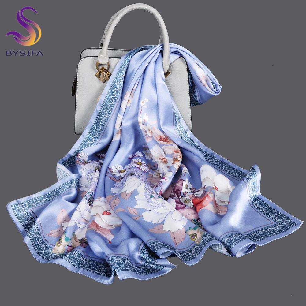 [BYSIFA] Blau Weiß Seidenschal Stola Mode Damen Pfingstrosen Design Lange Schals Frühling Frauen Marke 100% Seide Halstuch 175*52cm