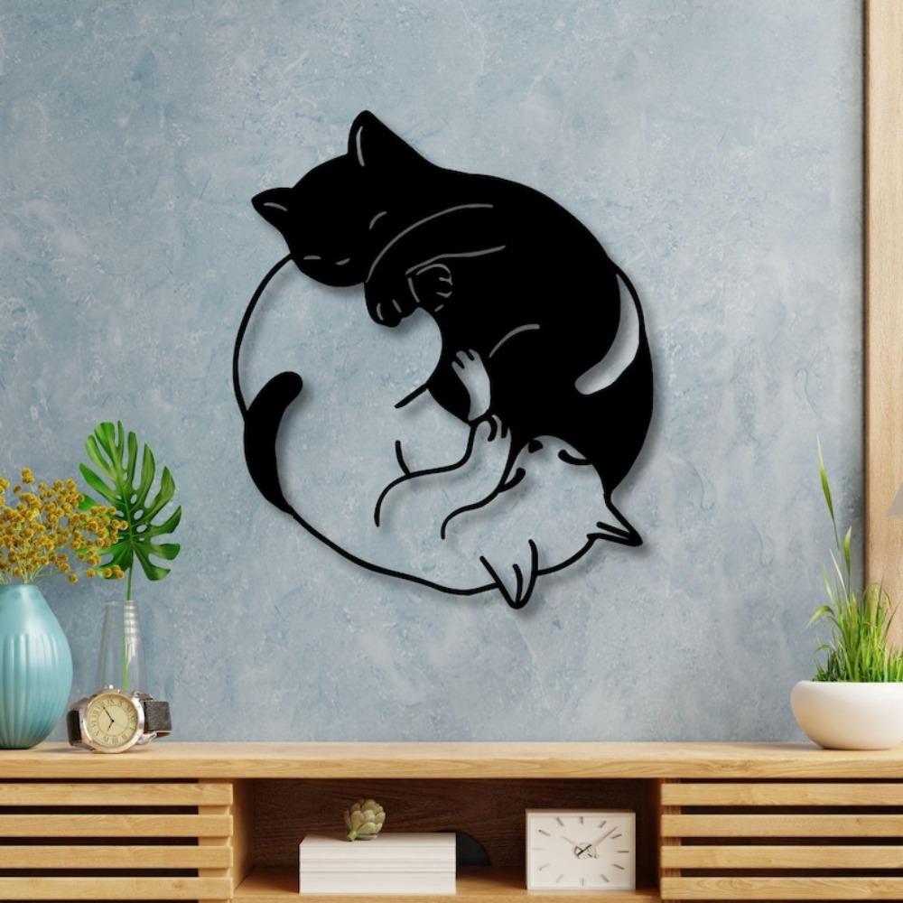 Black Metal Yin Yang Cat Wall Art, Minimalist Animal Decor, Gift for Cat Lovers