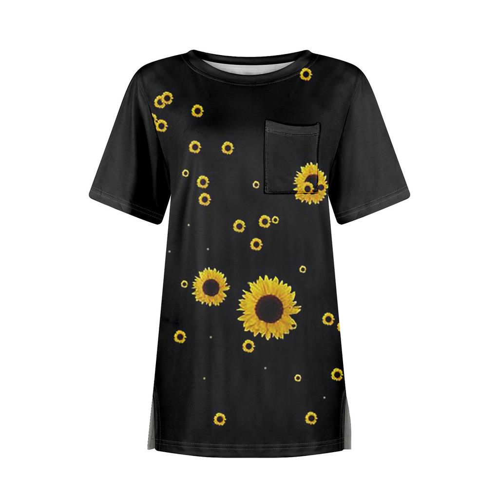 T-skjorter for kvinner Plisserte rundhals Dressy Uformelle bluser Utskrift Kortermet sommeroverdel Loose Fit