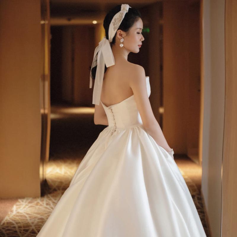French tube top main wedding dress   new bride high waist pregnant woman satin flat super fairy simple Hepburn thin woman
