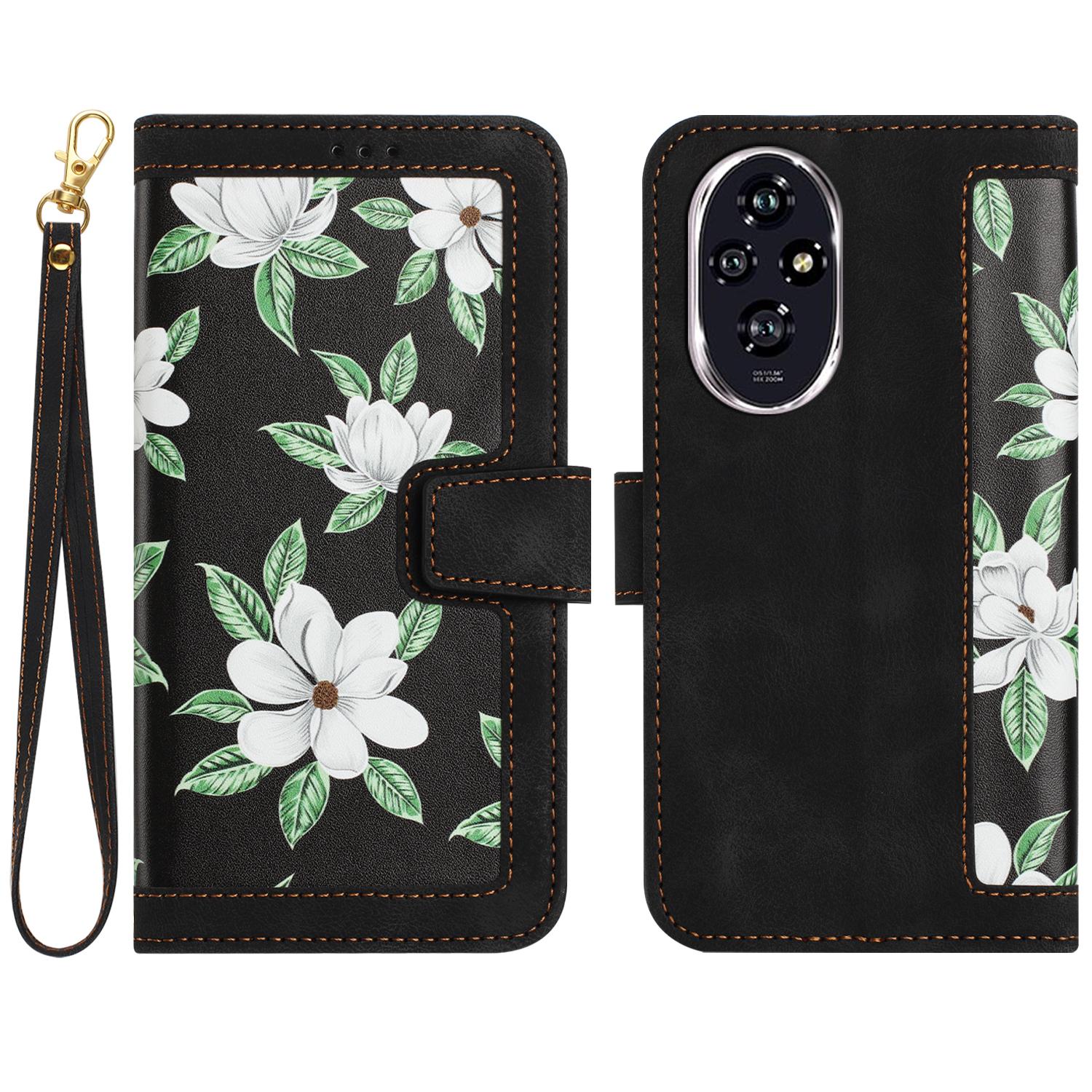 

For Honor 200 5G Case PU Leather Floral Phone Cover with Card Slots Black