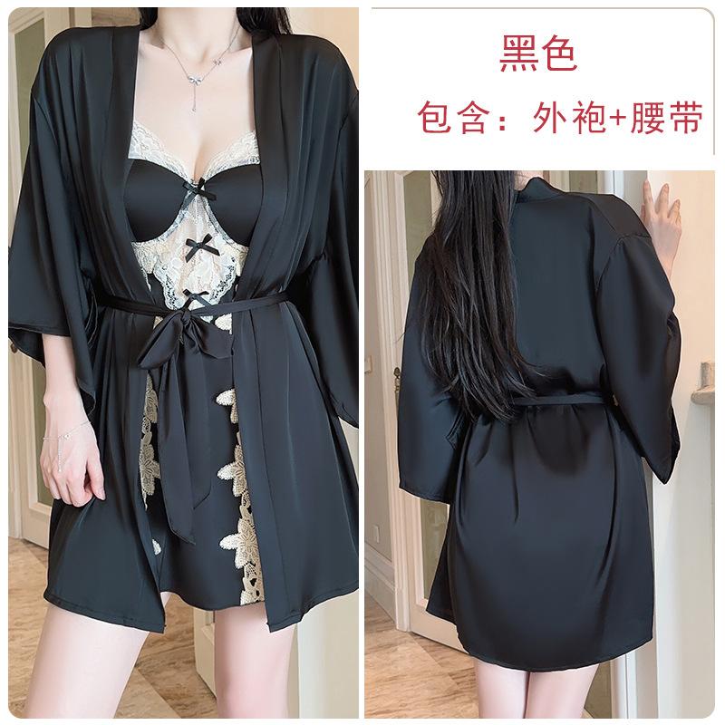 Women's Plus Size Satin Lace Sheer Padded Sleep Dress with Robe Lounge Set