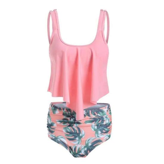 

2 шт./комплект купальник костюм U-образный вырез спинка струящийся подол купальный топ цветочный принт высокая талия купальные трусы комплект пляжная одежда S розовый