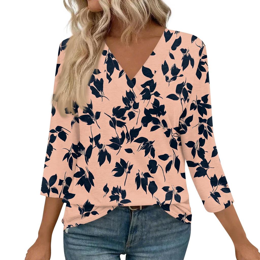 3/4 Length Sleeve Womens Tops V Neck Casual Tunic Tops Basic Shirts Loose Fit Blouse