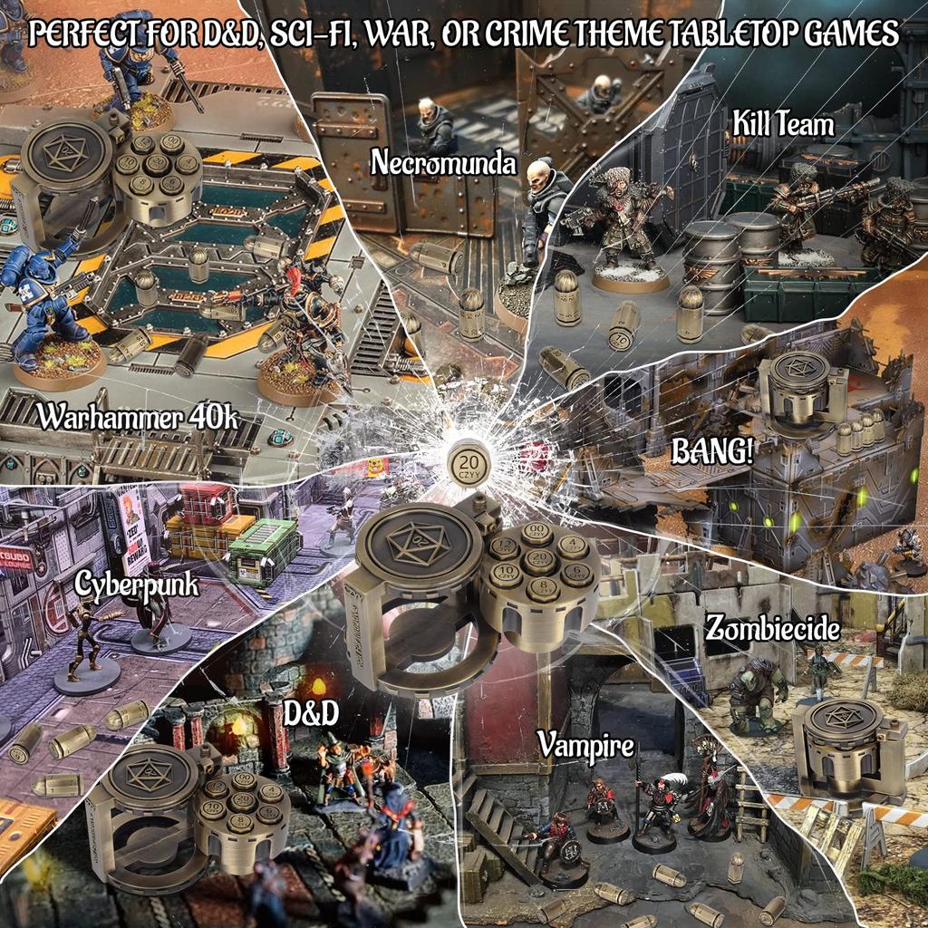 CZYY Set di 7 dadi proiettile poliedrici in metallo con contenitore cilindrico rotante per revolver Dadi in stile cyberpunk per giochi da tavolo a tema Warhammer e crimine