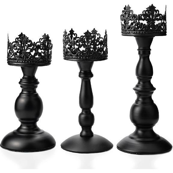 Vintage Pillar Candle Holders for Table Centerpiece Set of 3-11'' 9'' 8'' - Matte Black Metal Candle Stands Decorative - Candle Centerpiece for Table