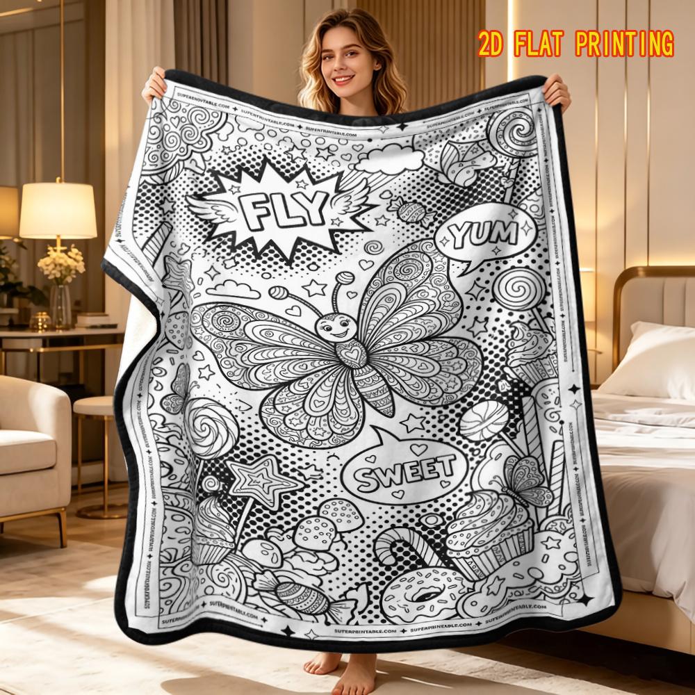 1pc Coloring Stress Relief Hand-Drawn Style Blanket, Colorable Flannel Sofa Blanket, Covered with Butterflies, Lollipops, Desserts, And Fun Textures,