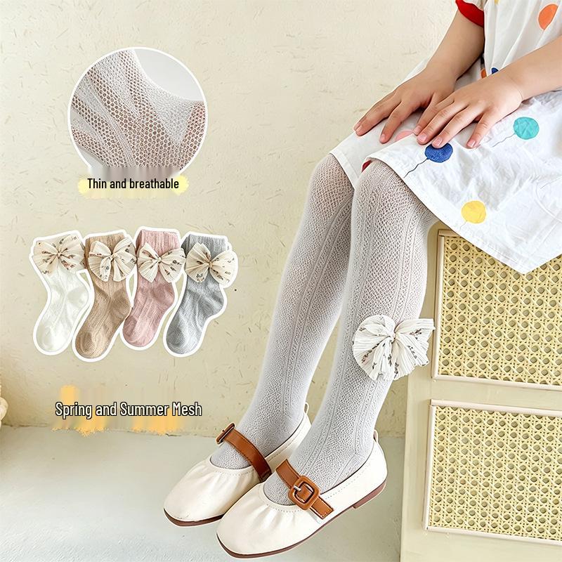 Girls' Lightweight Mesh Bow Tights: A-Grade Cotton Anti-Mosquito Base Layer Jumpsuit.