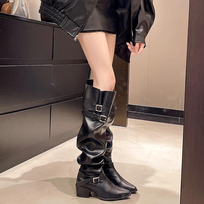Metal Belt Buckle Knight Boots  Autumn New Pointed Toe Non-Slip Wear-Resistant Block Heel High Stack Boots