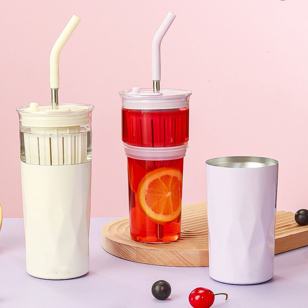 2 Layer 2 in1 Cooling Storage Glass 650ML Vacuum Mug Portable Straw Cup  Drinkware