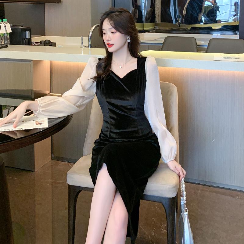 Autumn V-neck Velvet Patchwork Lantern Sleeve Floor-length Cinched Waist Retro Hepburn Dress