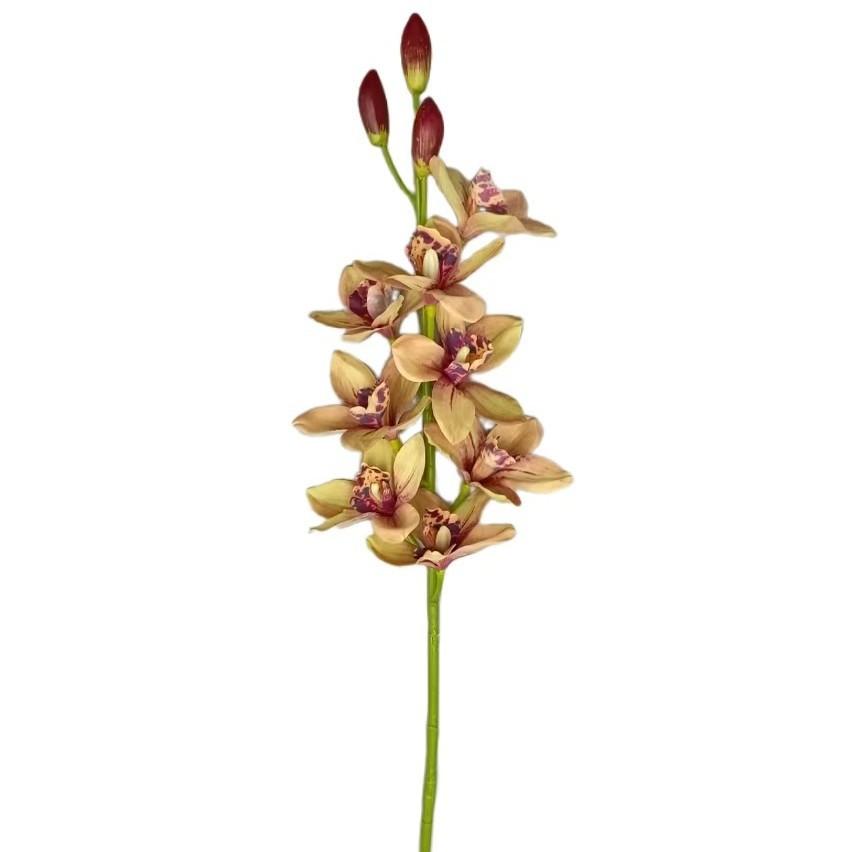 Gelber Künstlicher Cymbidium-Orchideenstiel, Kunstorchidee mit Blüten & Knospen, Kunstblume für Heimvasendekor