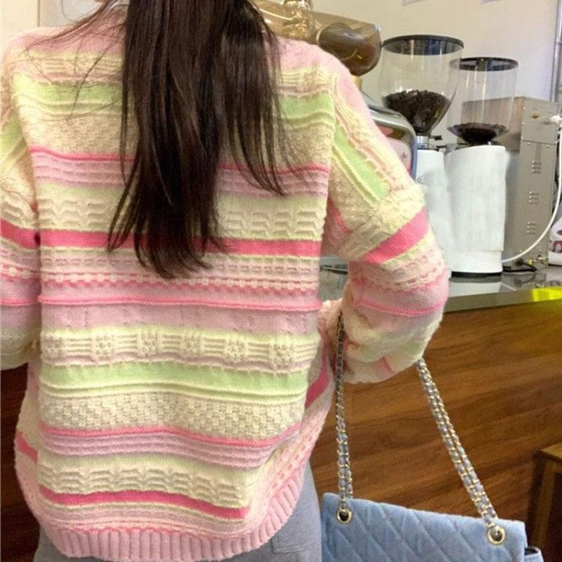 Sweet Dopamine Regenbogenstreifen, lockerer und schmaler Pullover, Strickjacke mit Rundhalsausschnitt, vielseitiger Langarm-Strickjacke, Damenmantel