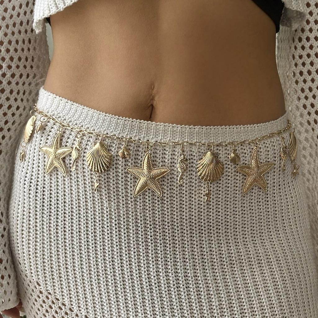 Chic Tropical Gold Tone Waist Chain For Women Starfish Seahorse Shell Adjustable Body Chain Summer Beachwear Accessories