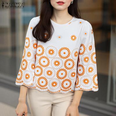 Blusa feminina casual gola redonda manga 3/4 solta floral