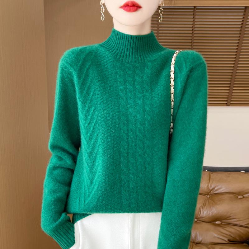 2025 Women's Wool Jacquard Pullover: Cozy Half-High Neck Sweater with Long Sleeves and Age-Reducing Design.