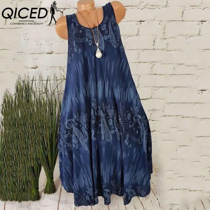 

QICED Женское летнее платье без рукавов с цветочным принтом и круглым вырезом XXXXXL темно-синий