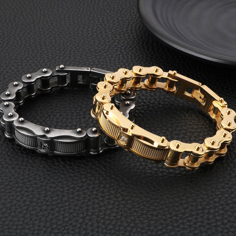 Biker Jewelry Worn Look Bicycle Chain Men's Bracelets Vintage Black Stainless Steel Motorcycle Bicycle Wear CZ Bracelet For Men