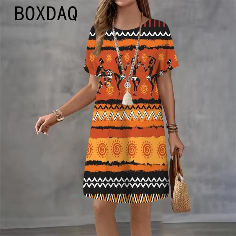 3D India Style Printed Dress Round Neck Short Sleeve Casual Mini Skirt for Women Summer 2026 New Beach Party Dress Vestidos