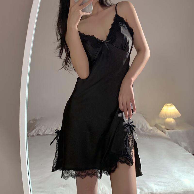 LANGSHA Sexy Nightgown for Women, Silky Hot Lace Loungewear, Elegant Goddess Style Pure Desire Open Slit Camisole Sleepwear