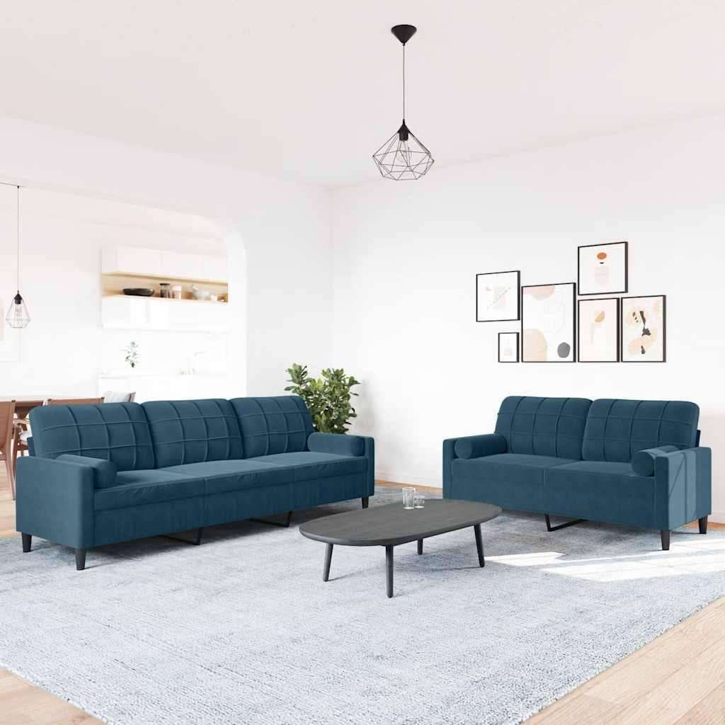 2 piece sofa set with cushions and neck rolls blue velvet