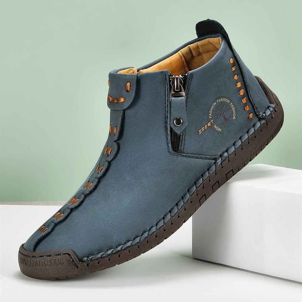 New Classic Handmade Leather Men Shoes Zipper Design Outdoor Sneakers Slip On Casual Shoes Leather Breathable Men Ankle Boots