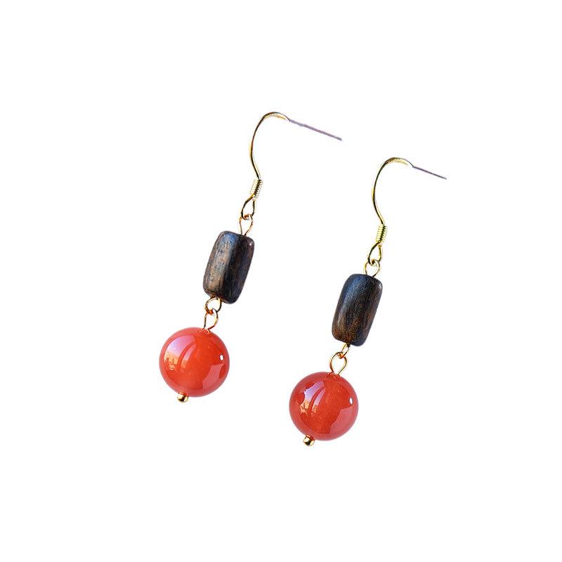 HD Agarwood & Red Agate Earrings: Niche Light Luxury, Ancient Style, Elegant Temperament, Long Design