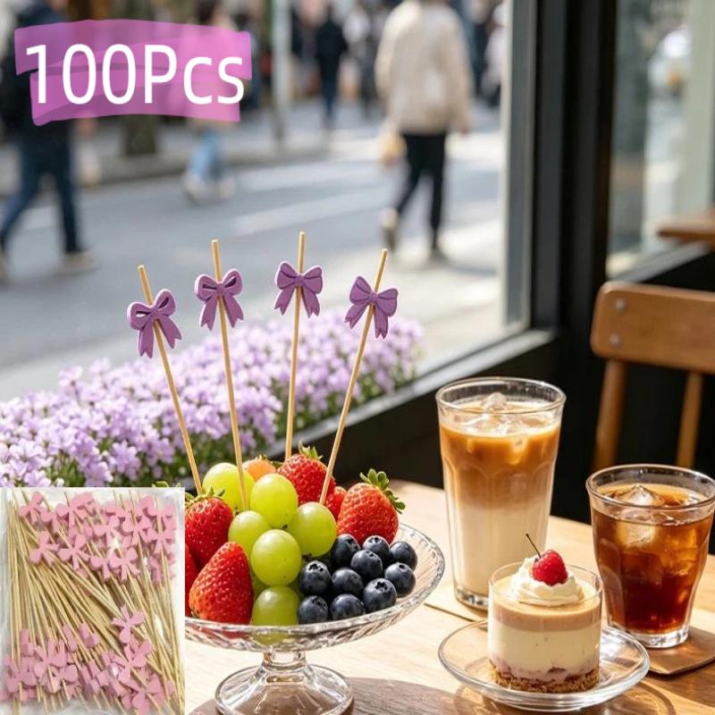100Pcs Cute Lollipop Bow Burger Buffet Cake Cocktail Fruit Fork Disposable Bamboo Food Fruit Toothpicks For Wedding Party Decor
