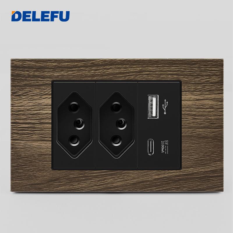 DELEFU Brasilianischer 118er Vintage Aluminium-Holzmaserung Schaltersteckdose mit USB Typ-C Anschluss Netzstecker ist Langlebig.