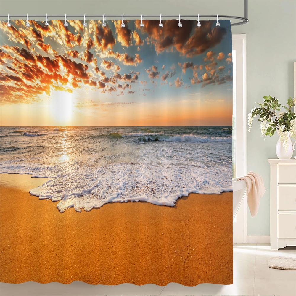 Blue Ocean Beach Shell Starfish Shower Curtains Bathroom Curtains Waterproof Polyester Bath Curtain With 12 Hooks Shower Curtain