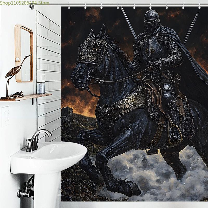 1pc Black Knight Medieval Fantasy Shower Curtain - Extra Large 177.8x177.8 cm Durable Polyester Fabric with 12 Hooks, Machine