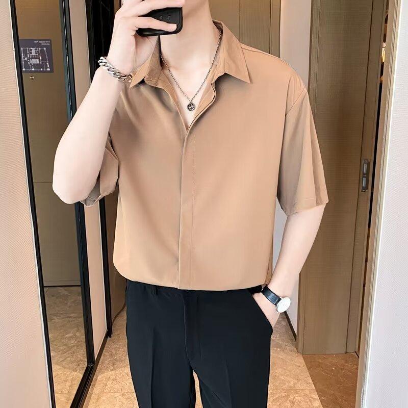 Men Short Sleeve Business Casual Non Iron Loose Solid Shirt