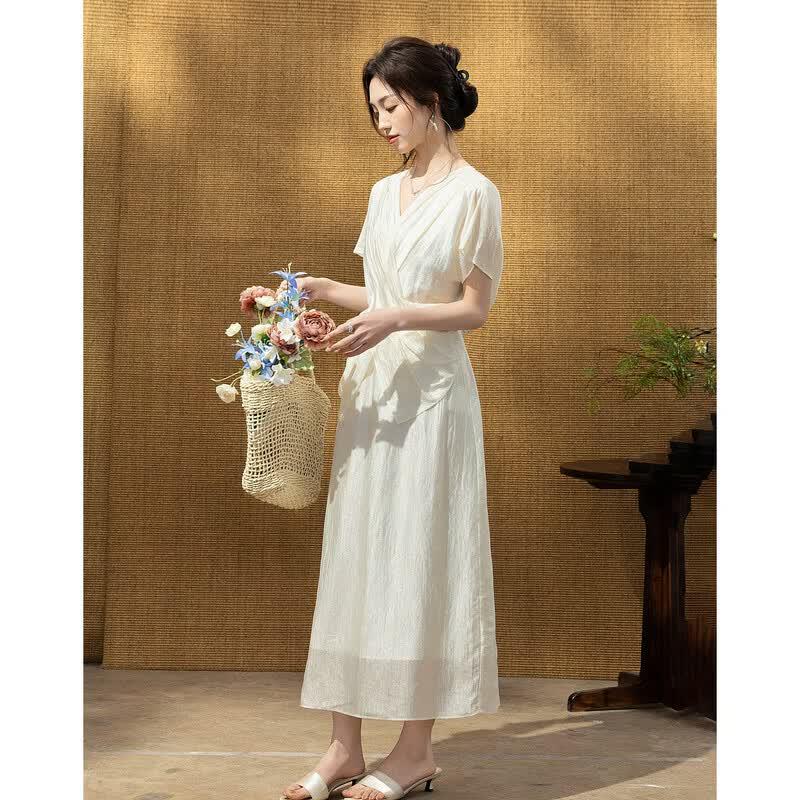 Elegant V-neck Batwing Sleeve Acetate Dress